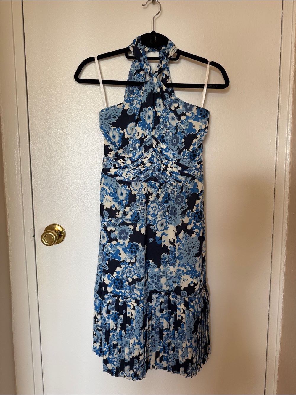 Tory Burch Silk Navy and Light Blue Floral Halter Midi Dress
